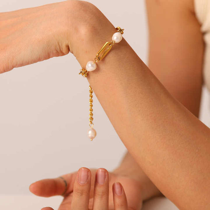 18K Gold Plated Stainless Steel Freshwater Pearl Bracelet – Chunky Gold Link Chain Minimalist Jewelry for Women