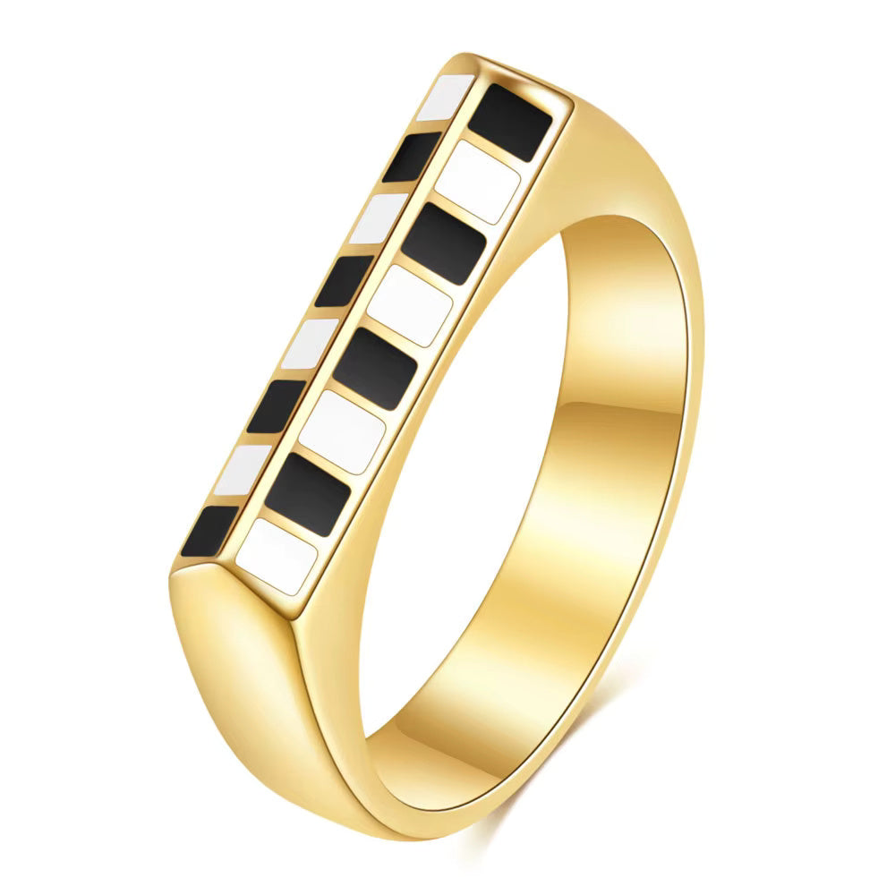 Geometric Checkerboard Enamel Ring – 18K Gold Plated Stainless Steel, Black & White Grid, Bold Rectangle Statement