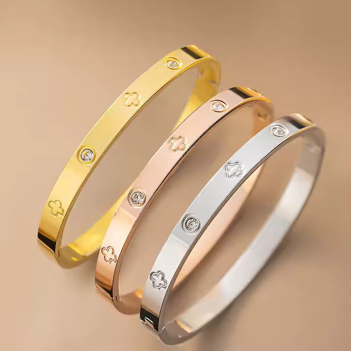 Clover Design CZ Bangle Bracelet, Stainless Steel with Cubic Zirconia, Gold, Silver & Rose Gold Colors Available