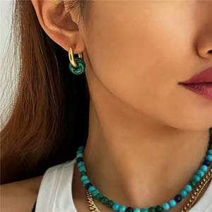 Boho Opal Huggie Earrings in Gold Plated Stainless Steel – Black, Green & White Gemstone Minimalist Hoop Set