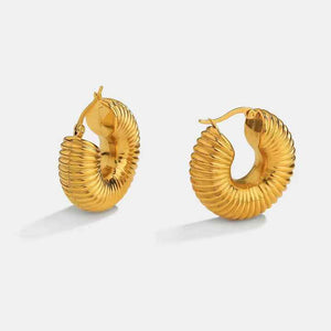 Gold Plated Stainless Steel Chunky Hollow Hoop Earrings – Spiral Screw Thread Design, Bold and Stylish Statement