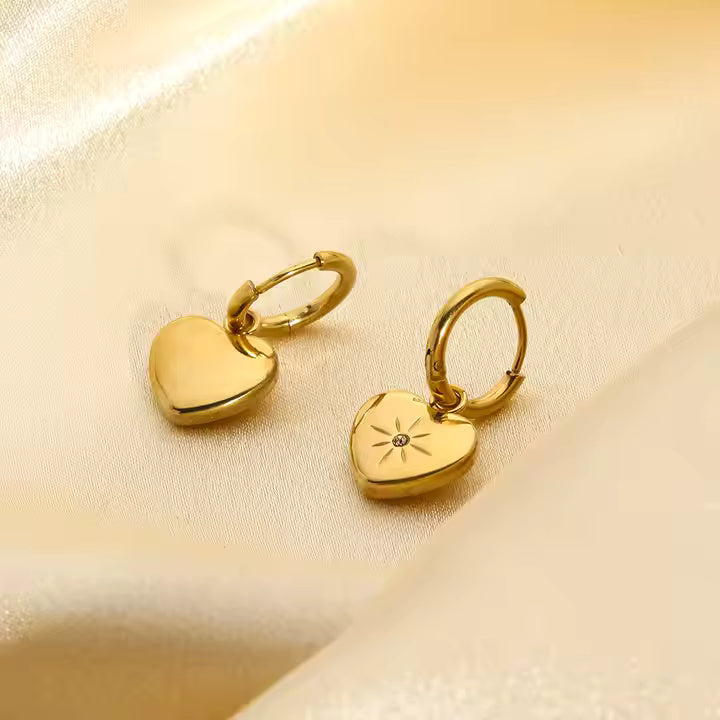 Gold Plated Stainless Steel Heart CZ Dangle Huggie Earrings for Women, Romantic Hoop Design with Sparkling Accent