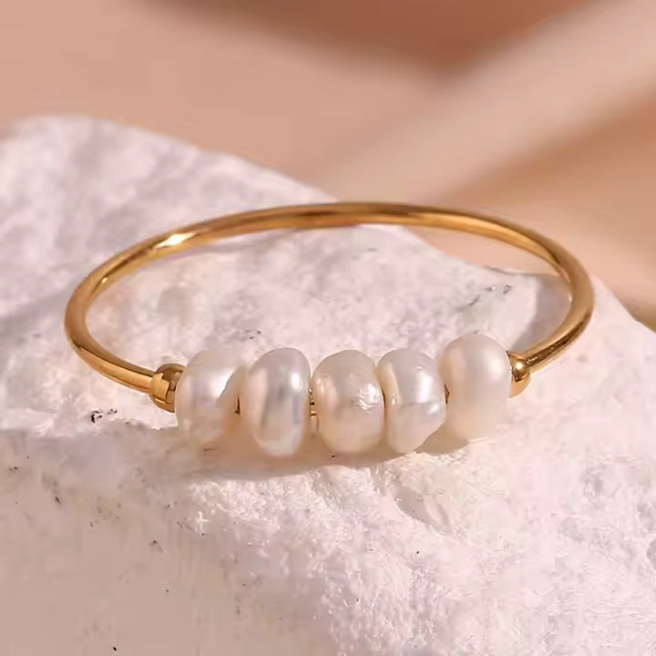 Thin Freshwater Pearl Stackable Ring for Women, Stainless Steel Band in Gold or Silver, Minimalist Design