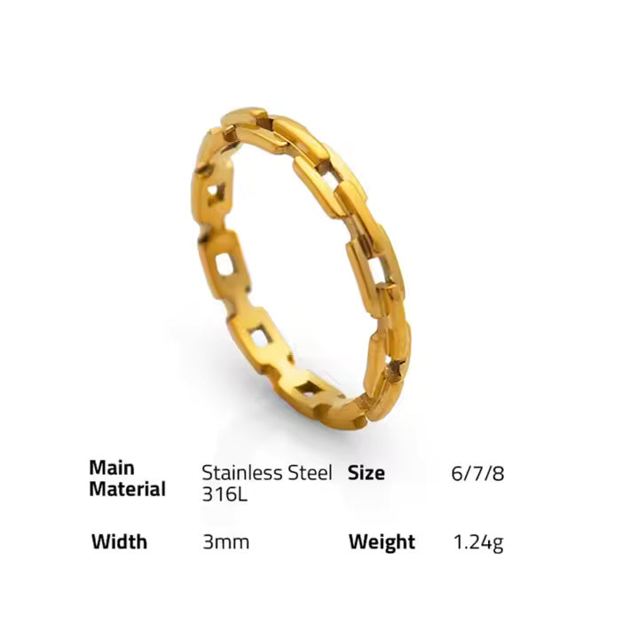 Gold Plated Dainty Link Chain Ring for Women, Stainless Steel, Stackable Minimalist Jewelry, Everyday Band