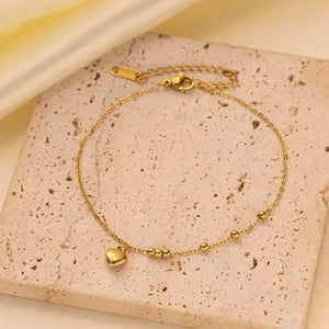 Gold Plated Stainless Steel Tiny Heart Beaded Anklet – Delicate Summer Charm Chain for Casual & Beach Style