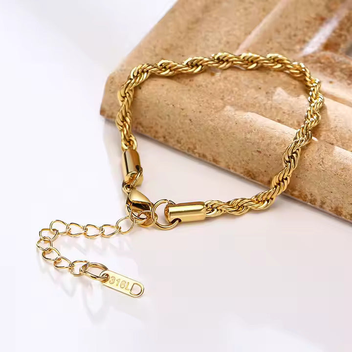 18K Gold & Silver Plated Rope Chain Bracelet for Women – Adjustable Stainless Steel Twisted Chain, Everyday Jewelry