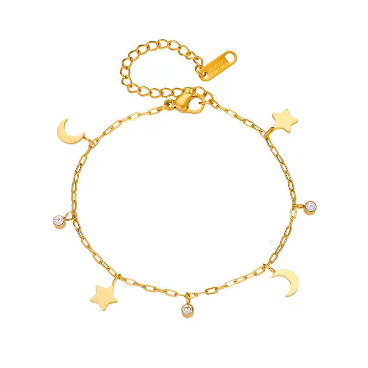 Stainless Steel Multi-Charm Dangle Anklet or Bracelet – Star, Heart, CZ Accents – Gold, Silver & Rose Gold Ankle Jewelry