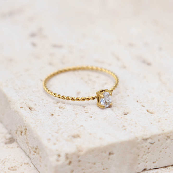 Solitaire Oval CZ Engagement Ring for Women, Thin Rope Chain Band, 18K Gold Plated Stainless Steel Wedding Ring