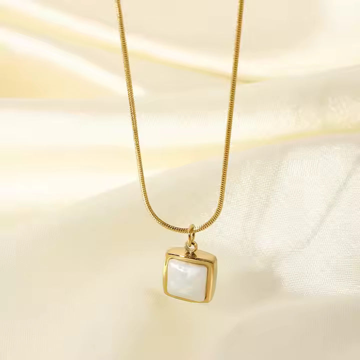 Gold Stainless Steel Necklace with Cushion Mother of Pearl Pendant, Twisted Chain, Elegant Minimalist Jewelry