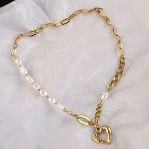 Gold Plated Stainless Steel Linked Pearl Chain Necklace with Heart Pendant – Boho Style Statement Jewelry for Women
