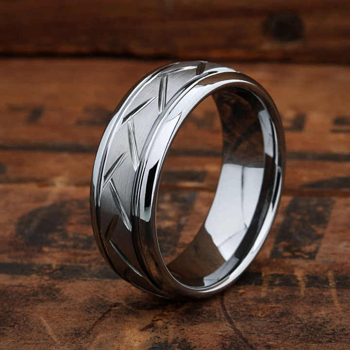 8mm Tungsten Carbide Wedding Band Ring – Domed Grooved Brushed Design – Comfort Fit for Men in Silver or Black