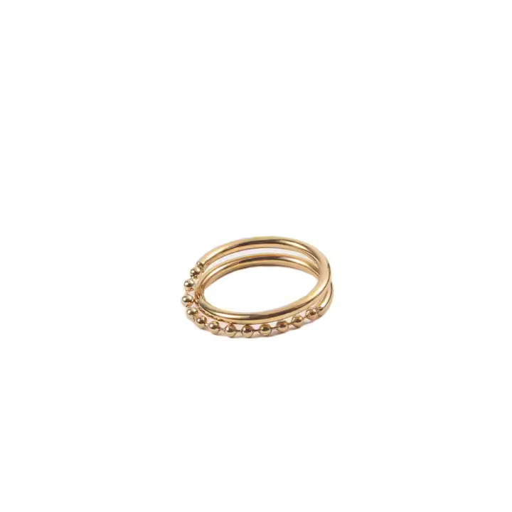 Double Layer Beaded Chain Ring – 18K Gold Plated Stainless Steel Statement Band with Minimalist Stacked Design