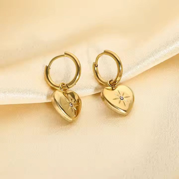 Gold Plated Stainless Steel Heart CZ Dangle Huggie Earrings for Women, Romantic Hoop Design with Sparkling Accent