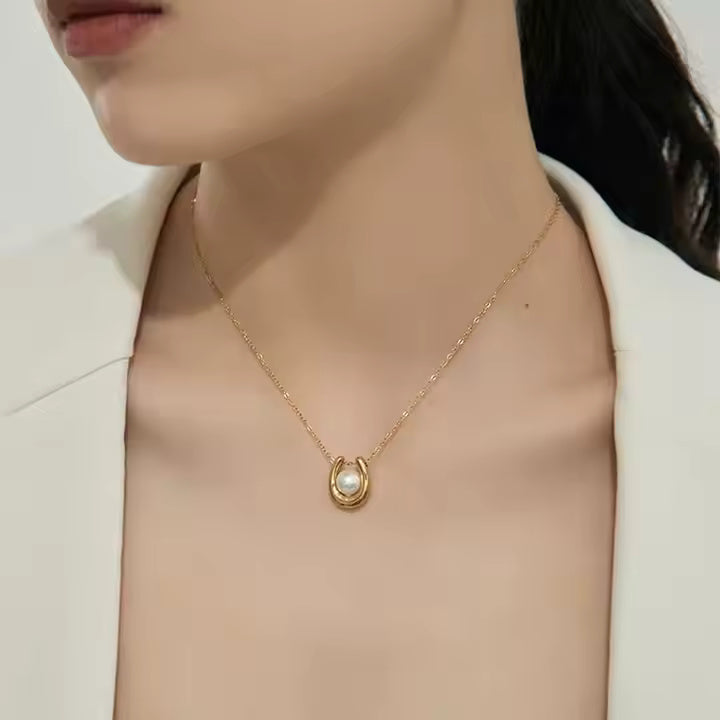 Gold Plated Stainless Steel Horseshoe Pendant Necklace with Pearl – U Shape Lucky Charm Minimalist Jewelry