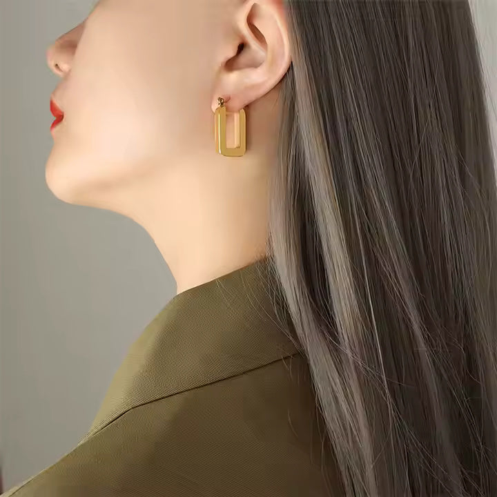 Geometric U-Shape Rectangle Earrings – 18K Gold Plated or Silver Stainless Steel Minimalist Drop Studs