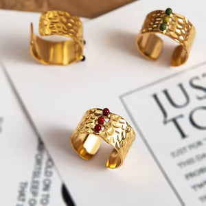 Adjustable Wide Nature Stone Ring – Minimalist 18K Gold Plated Stainless Steel Band with Natural Gemstone Inlay