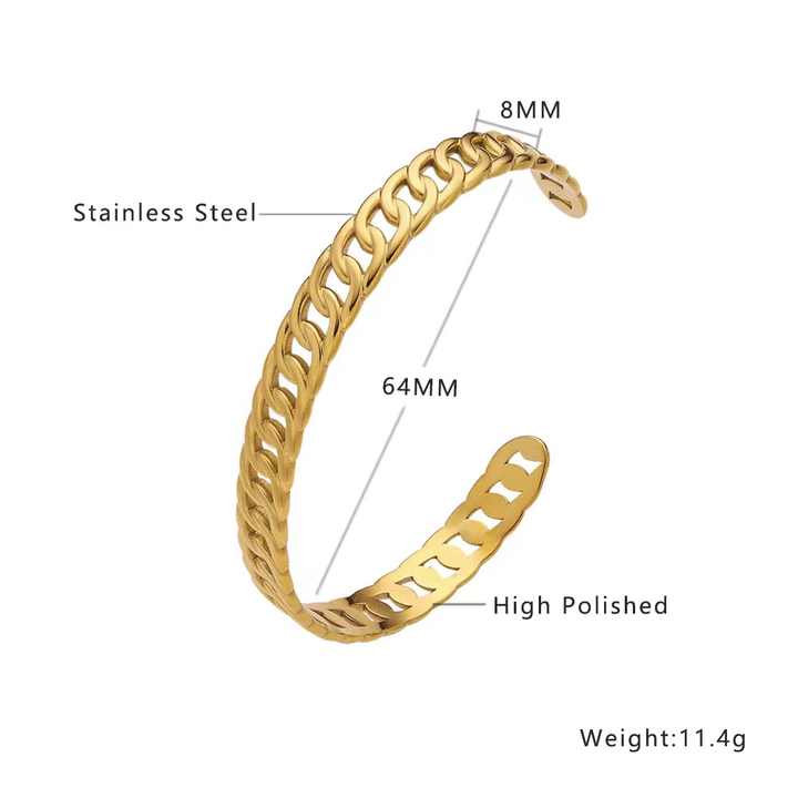 Adjustable Cuban Chain Bangle Bracelet – Stainless Steel Open Cuff in Gold and Silver, Modern Minimalist Design