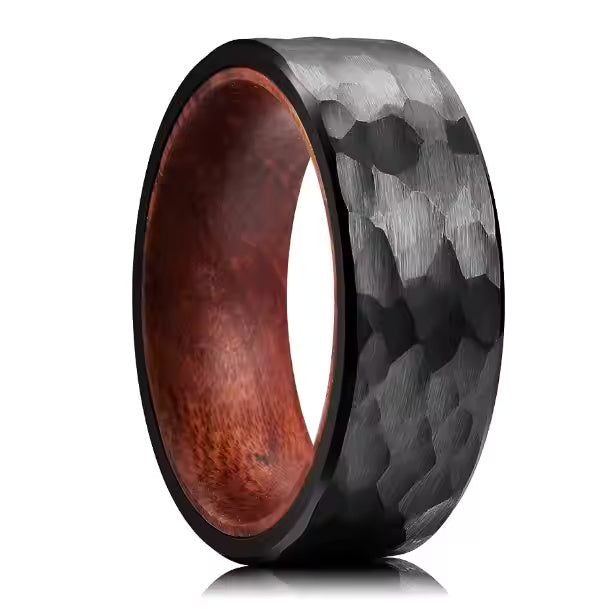 8mm Tungsten Carbide Hammered Wedding Band Ring with Wood Inlay – Rustic Style for Men & Women – Durable & Unique