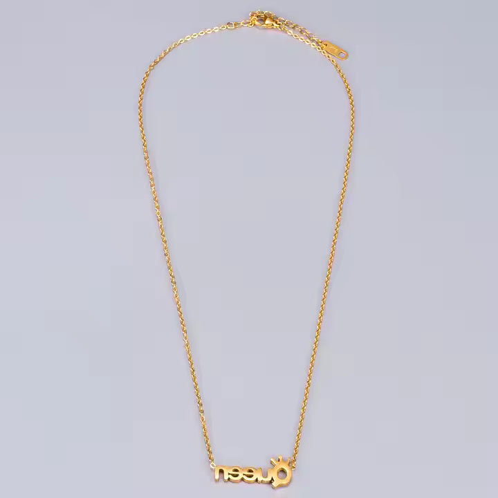 Queen Tiara Pendant Necklace, Gold Plated Stainless Steel, CZ Crystal Accents, Trendy Statement Jewelry Gift