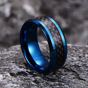 8mm Tungsten Carbide Ring for Men with Black Carbon Fiber Inlay – Available in Blue or Silver Finish – Wedding Band