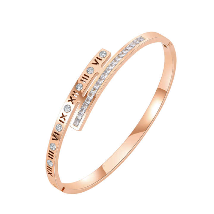 Roman Numeral Bangle Bracelet – Gold Plated Stainless Steel with Cubic Zirconia Inlay, Minimalist Elegant Style