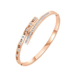 Roman Numeral Bangle Bracelet – Gold Plated Stainless Steel with Cubic Zirconia Inlay, Minimalist Elegant Style