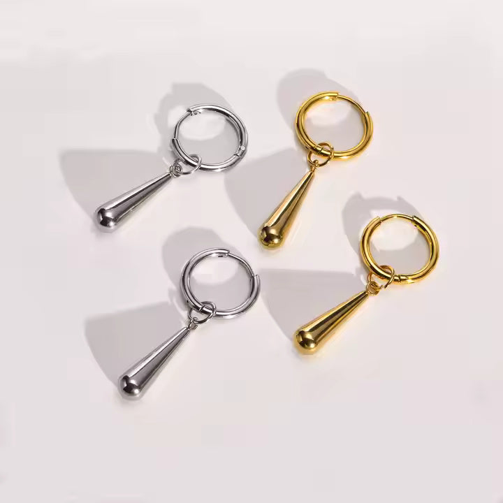 Stainless Steel Baton Huggie Hoop Earrings in Silver & Gold – Sleek Drop Design for Everyday Minimalist Style