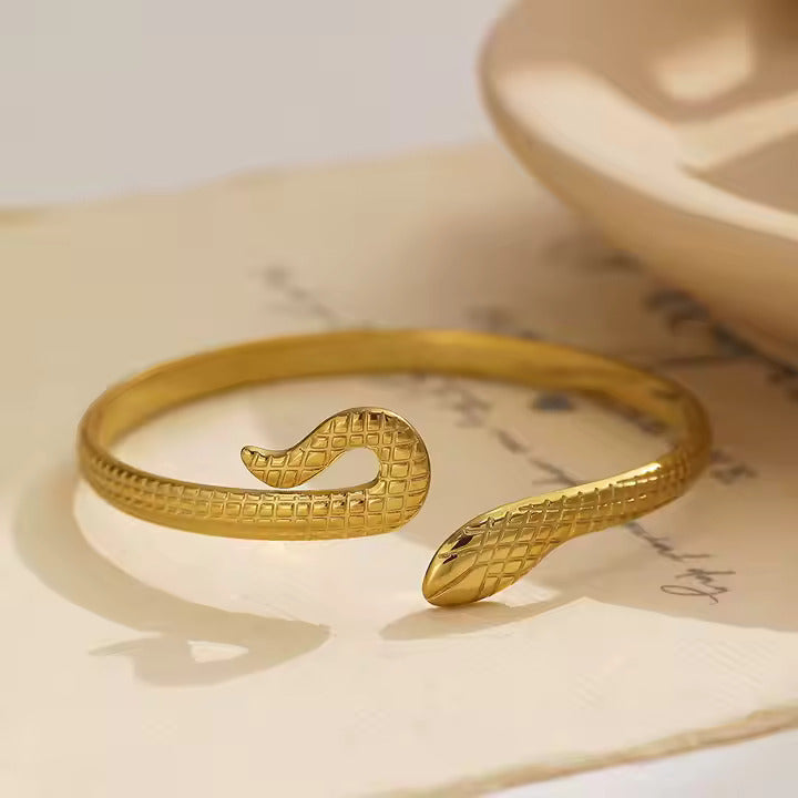 Gold Snake Cuff Bracelet for Women, Textured Stainless Steel Serpent Bangle – Bold Minimalist Jewelry Statement