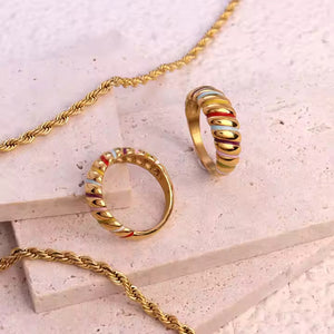 Colorful Enamel Croissant Dome Ring – 18K Gold Plated Stainless Steel, Bold Chunky Band, Modern Statement Jewelry