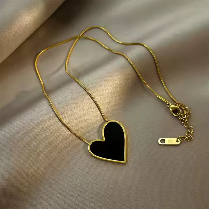 Black Mother of Pearl Heart Necklace, Stainless Steel, 18K Gold Plated, Dainty Minimalist Jewelry for Women