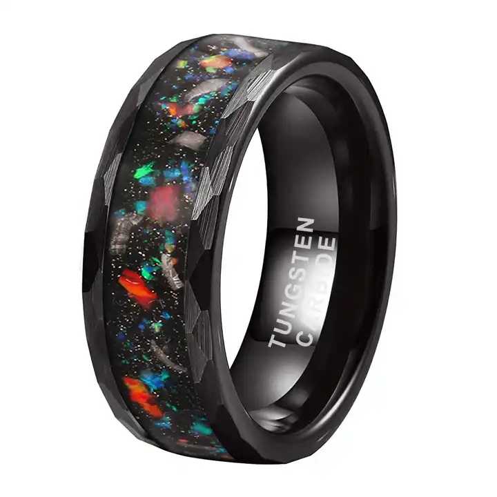 8mm Tungsten Carbide Ring with Galaxy Opal Meteorite Inlay – Hammered Finish Wedding Band for Men – Black or Silver Color