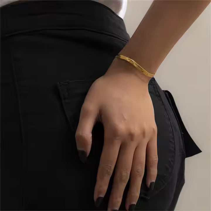 Herringbone Chain Bracelet for Women, 18K Gold Color Stainless Steel, Elegant Flat Snake Link Design, Tarnish Resistant