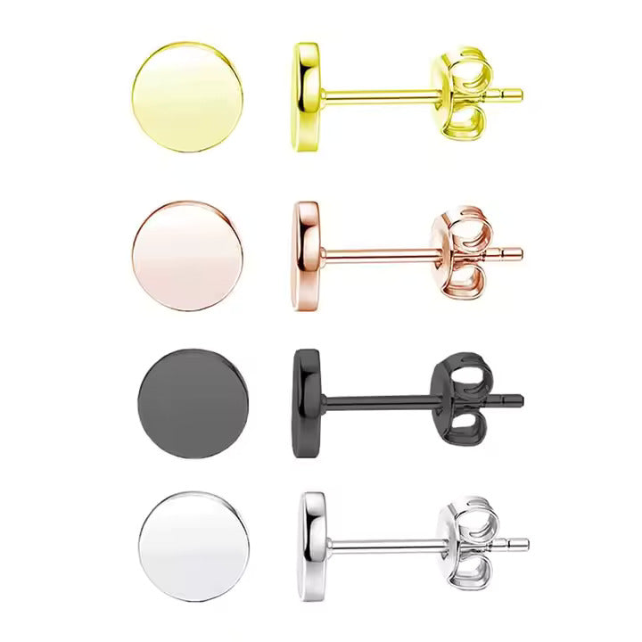 Minimalist Round Flat Stud Earrings for Men & Women, Stainless Steel, Silver Gold Rose Gold Black, Unisex Jewelry