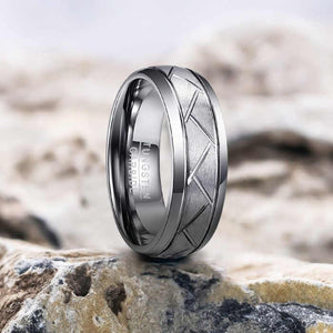 8mm Tungsten Carbide Wedding Band Ring – Domed Grooved Brushed Design – Comfort Fit for Men in Silver or Black