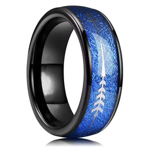 8mm Black Tungsten Carbide Ring with Red or Blue Meteorite Inlay and Deer Arrow Design – Hunter Wedding Band