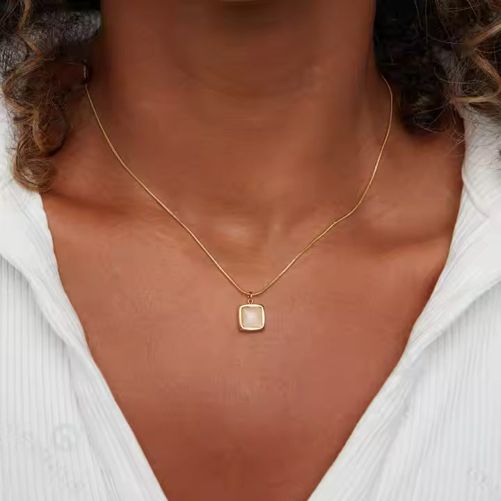 Gold Stainless Steel Necklace with Cushion Mother of Pearl Pendant, Twisted Chain, Elegant Minimalist Jewelry