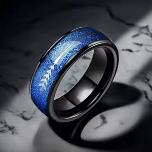 8mm Black Tungsten Carbide Ring with Red or Blue Meteorite Inlay and Deer Arrow Design – Hunter Wedding Band