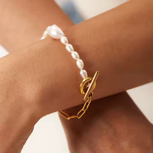 Freshwater Pearl Toggle Bracelet – 18K Gold Plated Stainless Steel Chain with OT Buckle, Chunky & Elegant Design