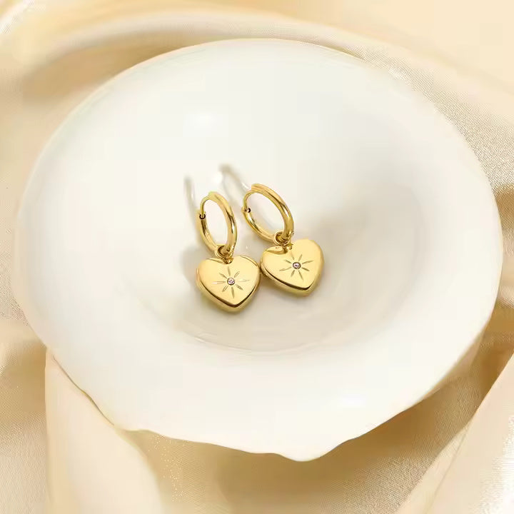 Gold Plated Stainless Steel Heart CZ Dangle Huggie Earrings for Women, Romantic Hoop Design with Sparkling Accent