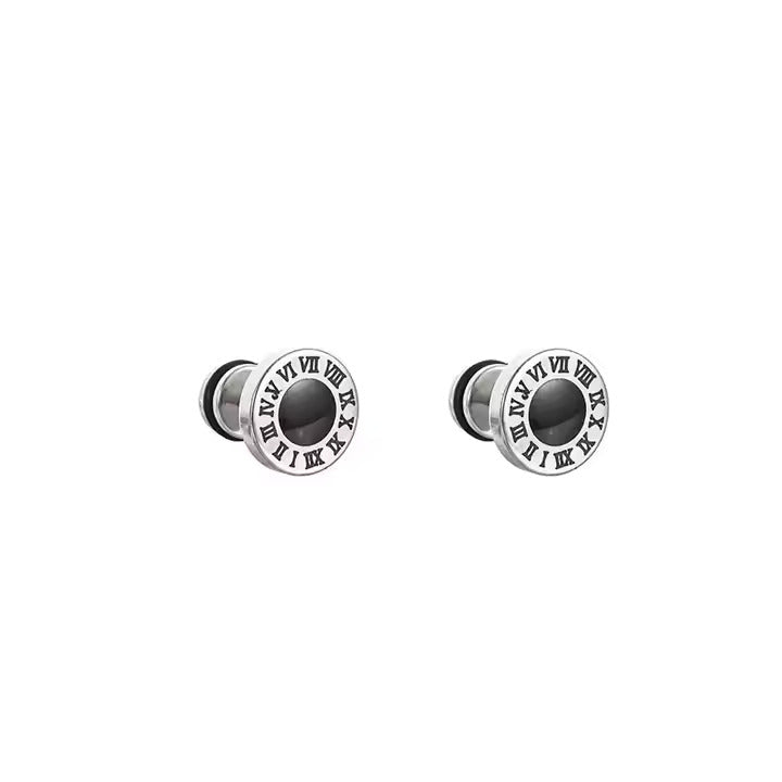 Stainless Steel Dumbbell Barbell Black CZ Stud Earrings with Roman Numerals, Unisex Gym Jewelry for Men and Women
