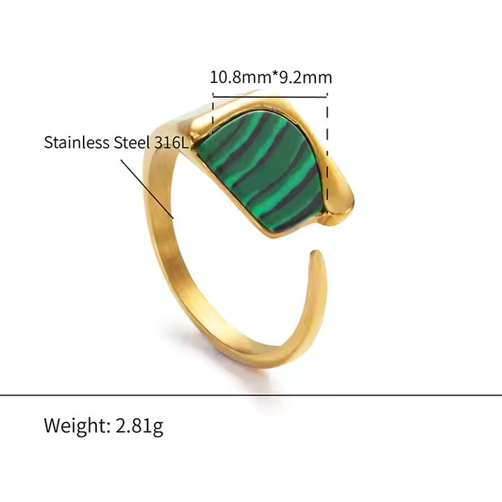 Adjustable Malachite Ring – Stainless Steel Statement Jewelry in Gold, Rose Gold, or Silver with Green Stone Accent