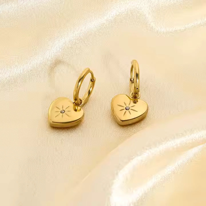 Gold Plated Stainless Steel Heart CZ Dangle Huggie Earrings for Women, Romantic Hoop Design with Sparkling Accent