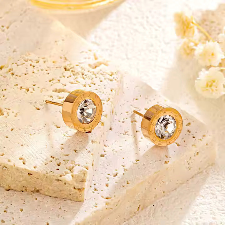 Roman Numeral Stud Earrings with CZ Center, Stainless Steel, Hypoallergenic, Gold, Silver & Rose Gold for Women & Men
