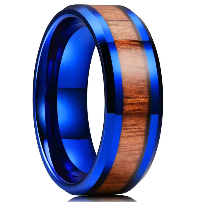 8mm Blue Tungsten Carbide Wedding Band Ring with Wood Inlay – Rustic & Modern Style for Men and Women – Comfort Fit