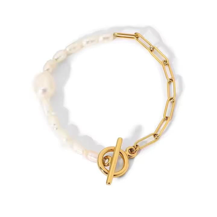Freshwater Pearl Toggle Bracelet – 18K Gold Plated Stainless Steel Chain with OT Buckle, Chunky & Elegant Design