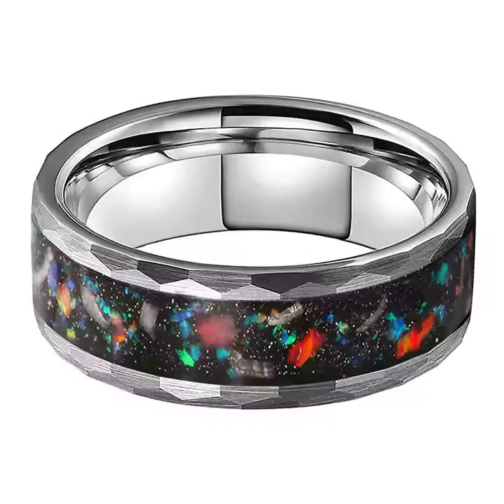 8mm Tungsten Carbide Ring with Galaxy Opal Meteorite Inlay – Hammered Finish Wedding Band for Men – Black or Silver Color