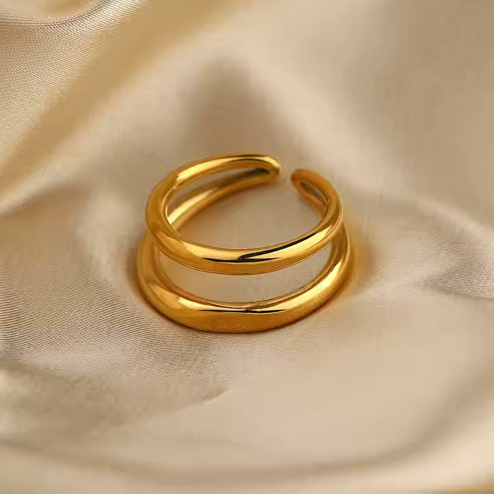 Adjustable Double Layer Open Ring – 18K Gold Plated Stainless Steel, Minimalist Bold Design, Everyday Statement Band
