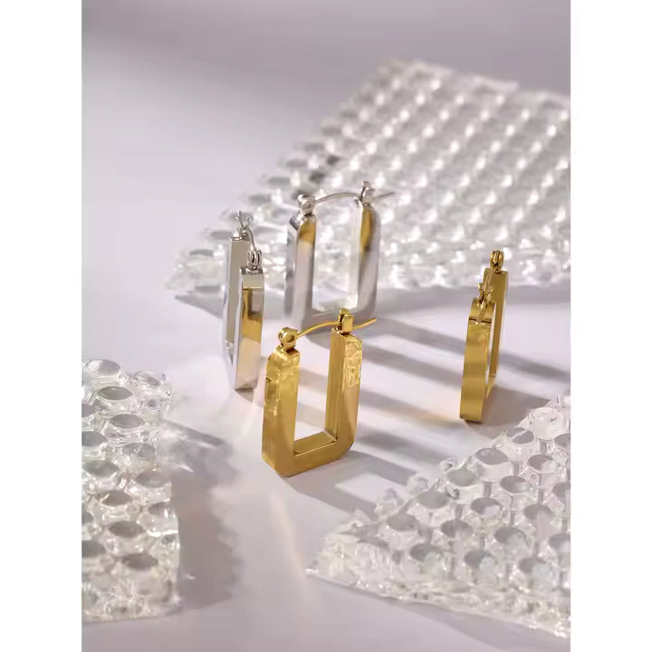 Geometric U-Shape Rectangle Earrings – 18K Gold Plated or Silver Stainless Steel Minimalist Drop Studs