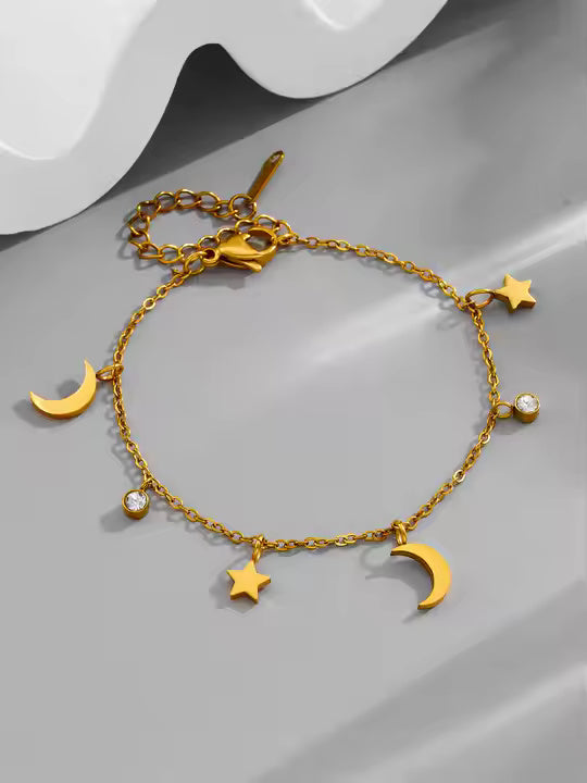 Stainless Steel Multi-Charm Dangle Anklet or Bracelet – Star, Heart, CZ Accents – Gold, Silver & Rose Gold Ankle Jewelry