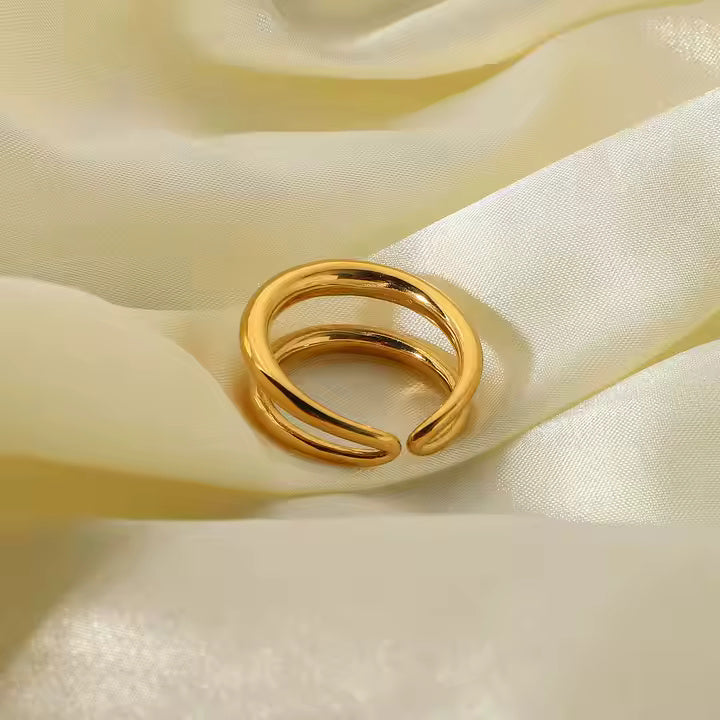 Adjustable Double Layer Open Ring – 18K Gold Plated Stainless Steel, Minimalist Bold Design, Everyday Statement Band